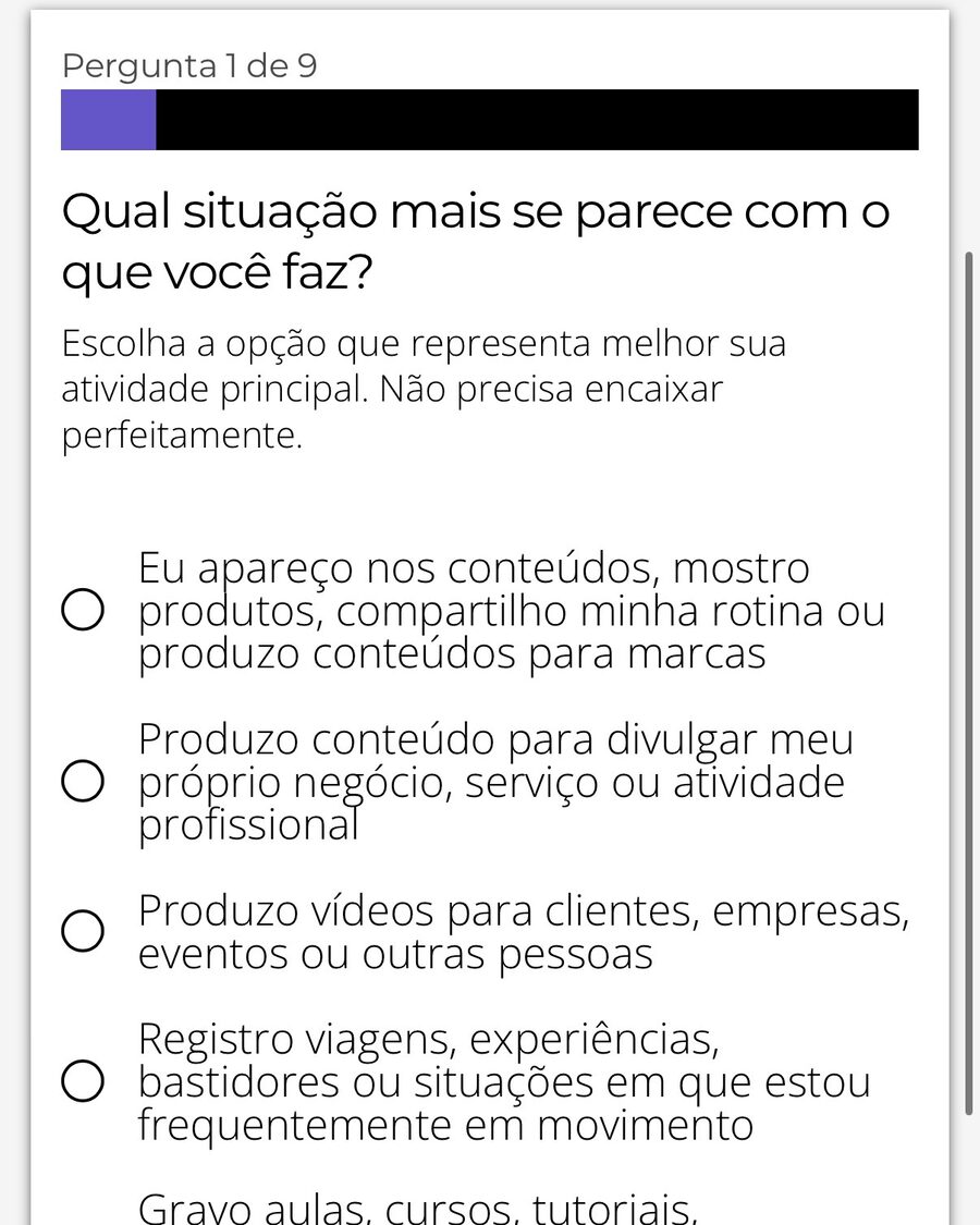 Pergunta 1 de 9 do diagnóstico: qual situação mais se parece com o que você faz, com cinco opções de resposta
