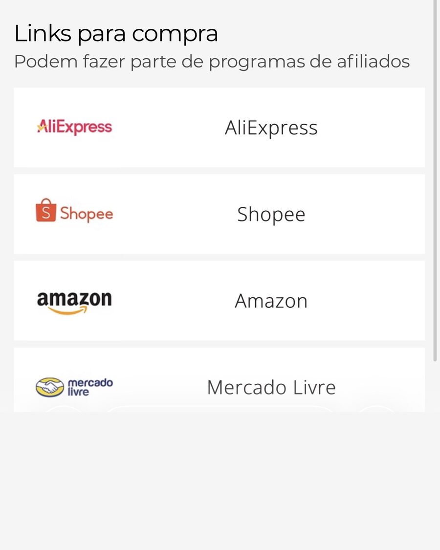 Seção Links para compra da página de um equipamento, com os links de AliExpress, Shopee, Amazon e Mercado Livre
