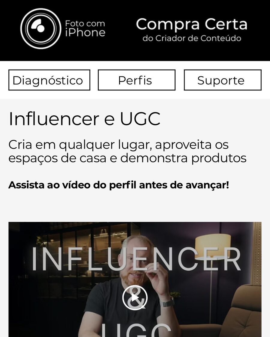 Página do perfil Influencer e UGC dentro do produto, com a descrição do perfil e o vídeo em que o Tiago passa pelas decisões