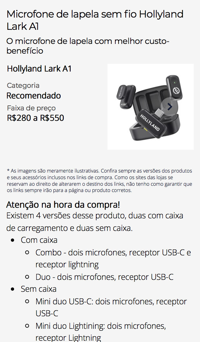 Página real do microfone de lapela sem fio Hollyland Lark A1 no produto: veredito de melhor custo-benefício, categoria Recomendado, faixa de R$ 280 a R$ 550, foto do produto e o aviso Atenção na hora da compra listando as quatro versões à venda