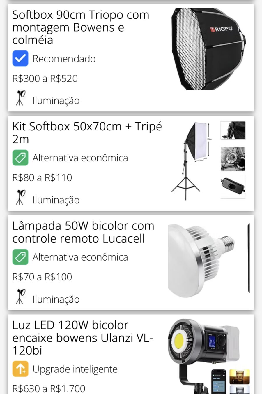 Trecho real da lista de iluminação: softbox Recomendado de R$ 300 a R$ 520, kit softbox com tripé e lâmpada bicolor como Alternativa econômica de R$ 70 a R$ 110, e luz LED como Upgrade inteligente